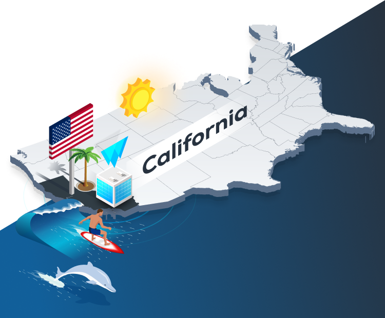 US map with California highlighted.